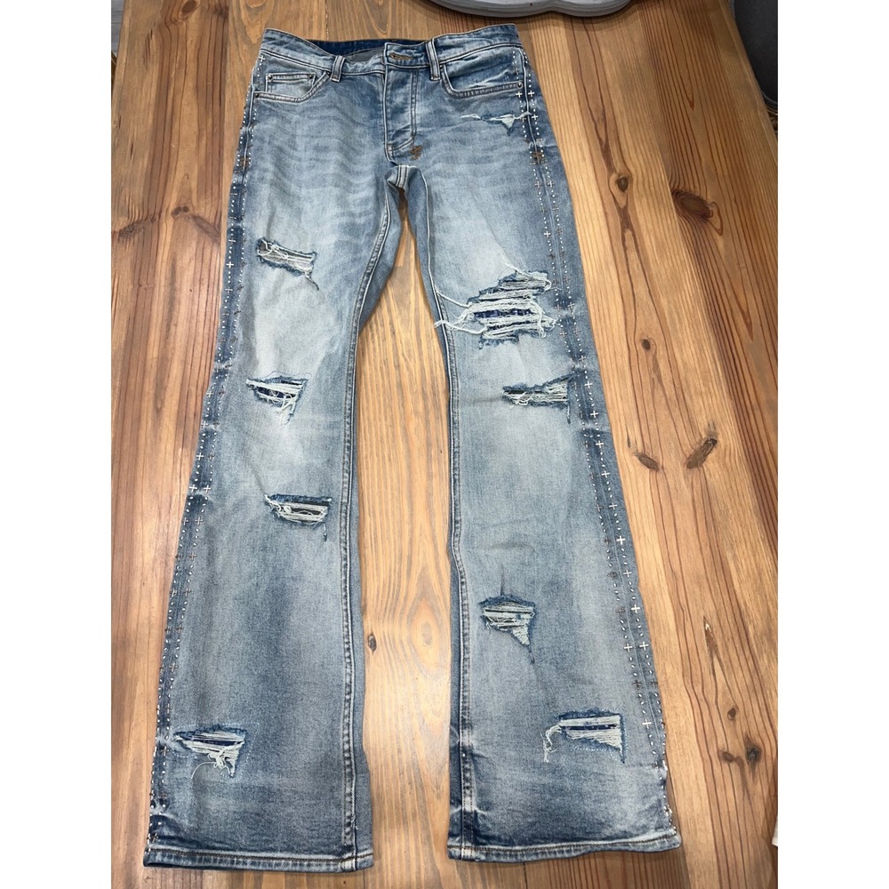 Ksubi Distressed Studded Blue Denim Jeans Mens 28 Light Wash Cross Detail
